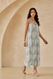 Grey Linen Maxi Dress with White Damask Print & Keyhole Neckline