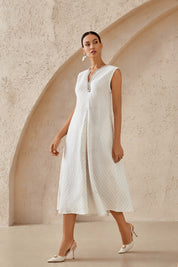 Ivory Striped Sleeveless Dress with Embellished Neckline