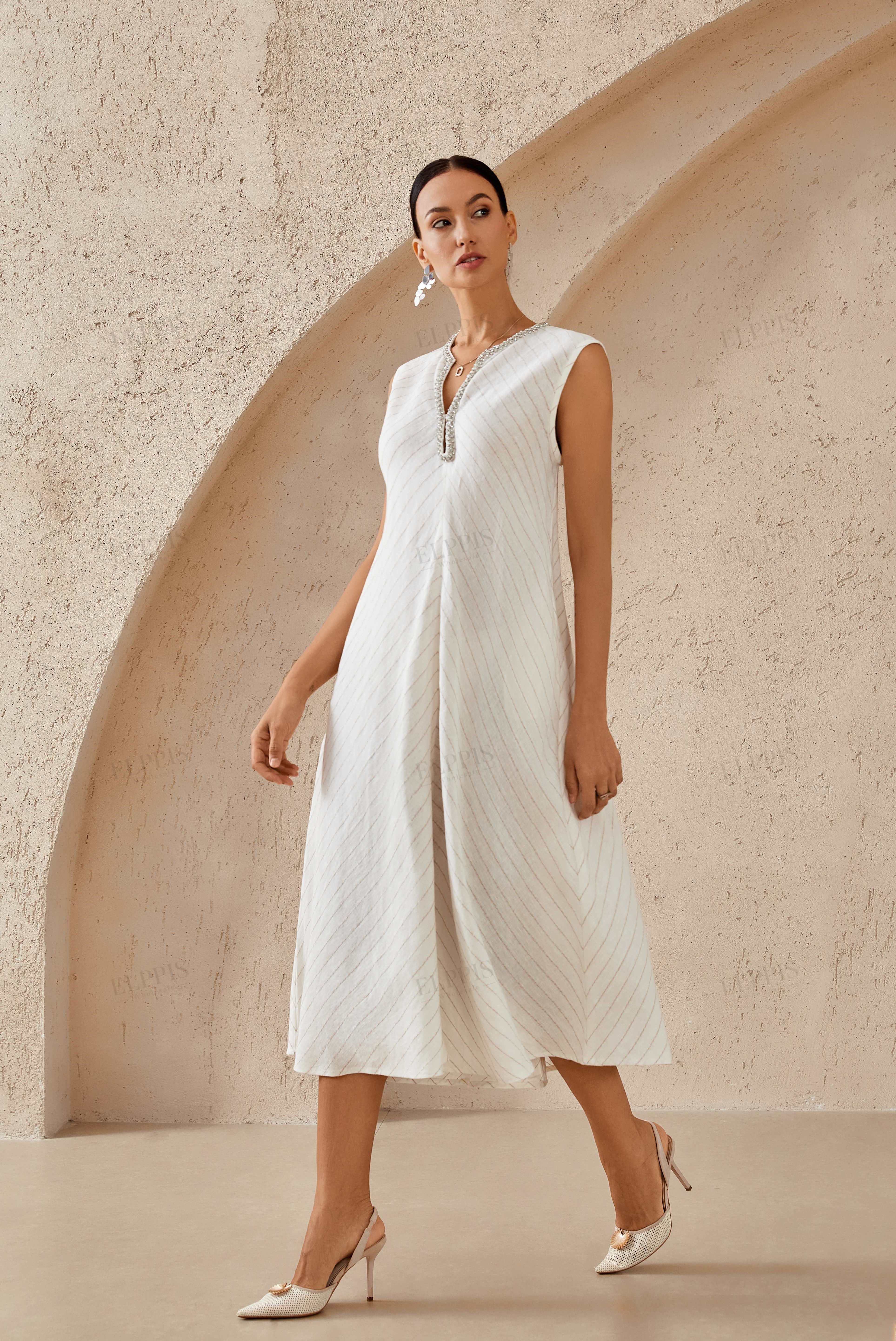 Ivory Striped Sleeveless Dress with Embellished Neckline