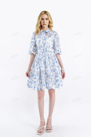 Blue & White Floral Lace Two-Piece Dress Set (Shirt Overlay + Camisole Lining)