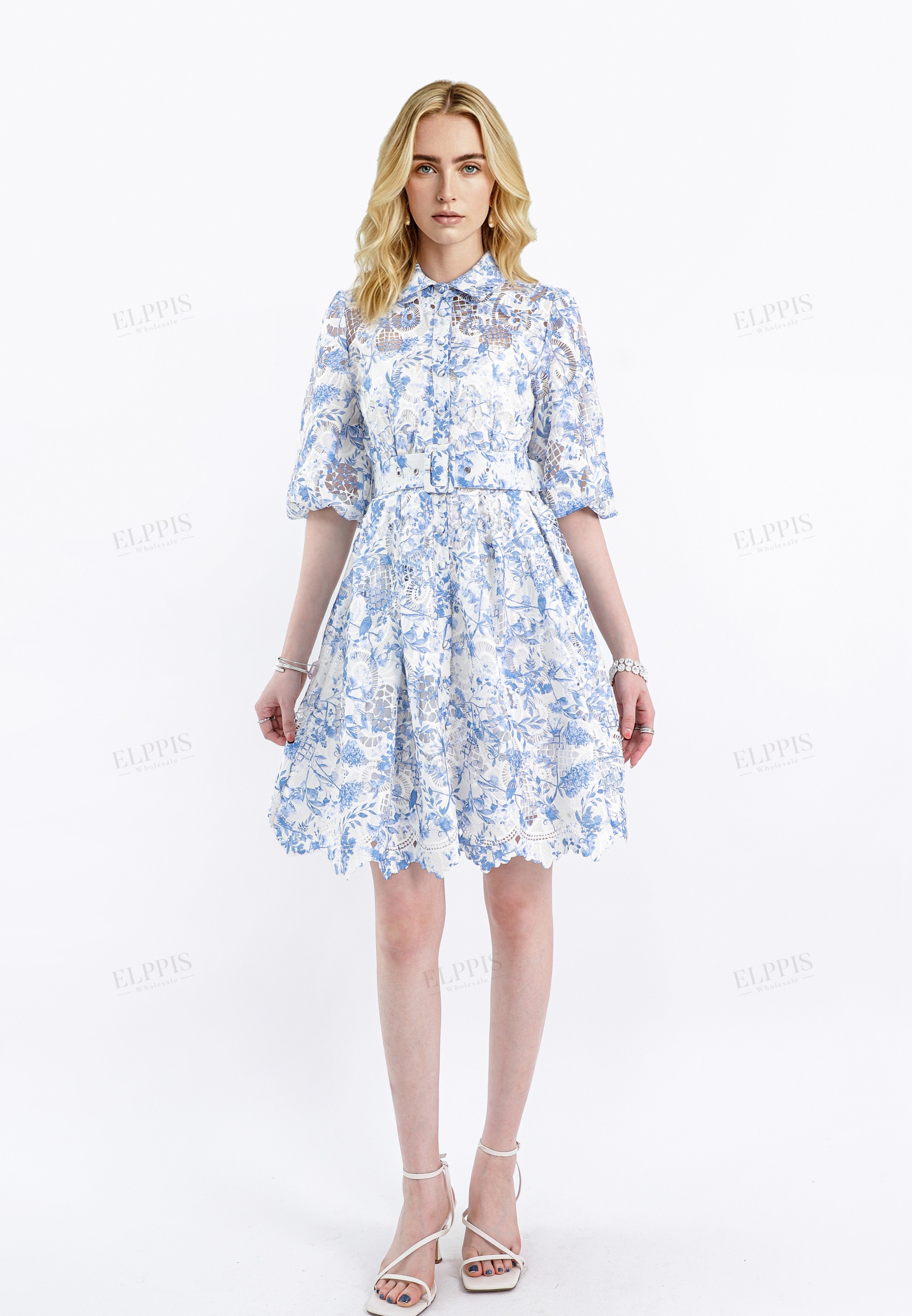 Blue & White Floral Lace Two-Piece Dress Set (Shirt Overlay + Camisole Lining)