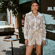 Cutout embroidered 3D flower drop-shoulder long sleeve lapel shirt
