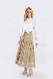 Beige Maxi Skirt with Cutwork Embroidery & Drawstring Waist