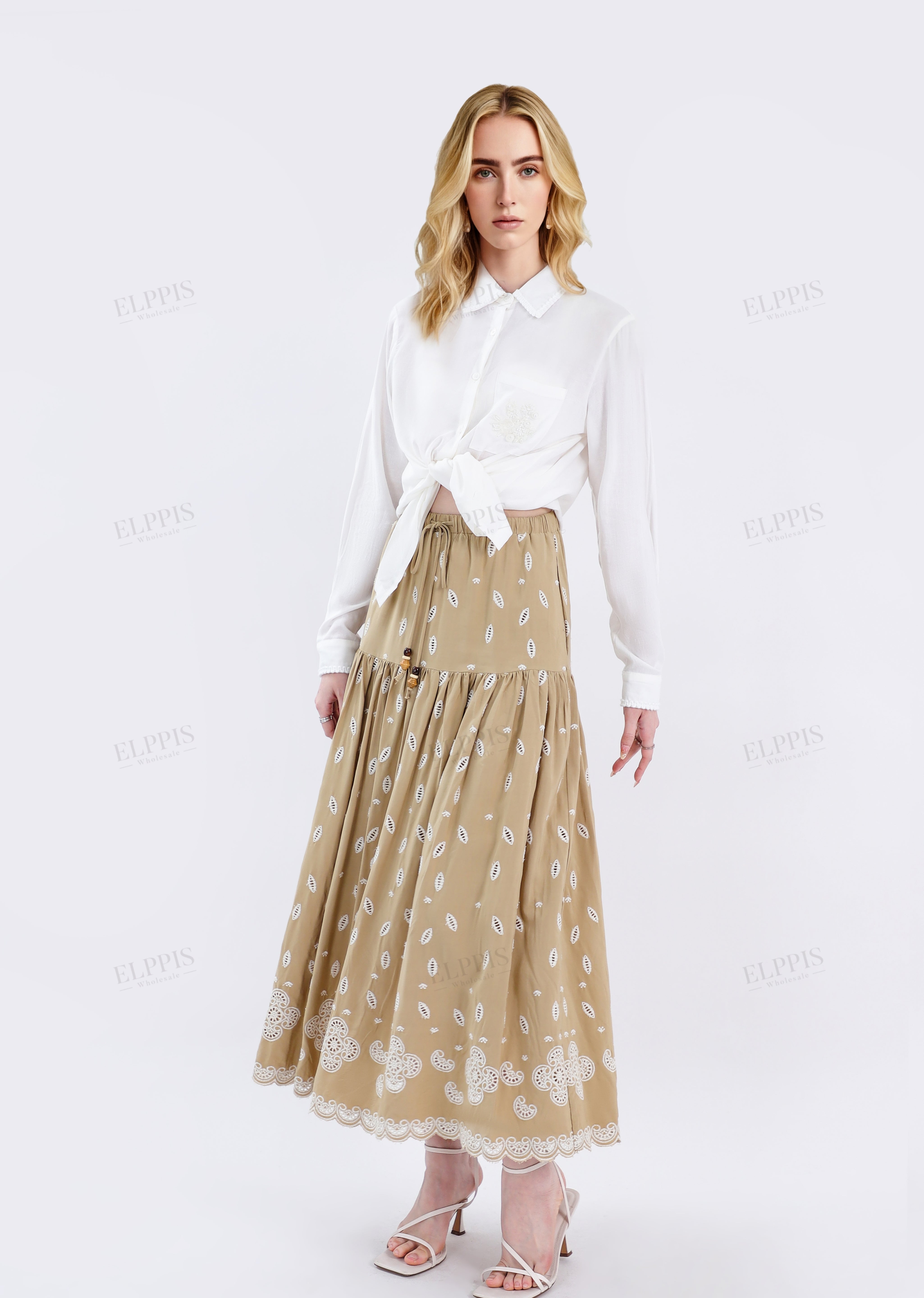 Beige Maxi Skirt with Cutwork Embroidery & Drawstring Waist