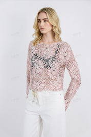 Blush & Cream Floral Lace Long-Sleeve Cropped Top
