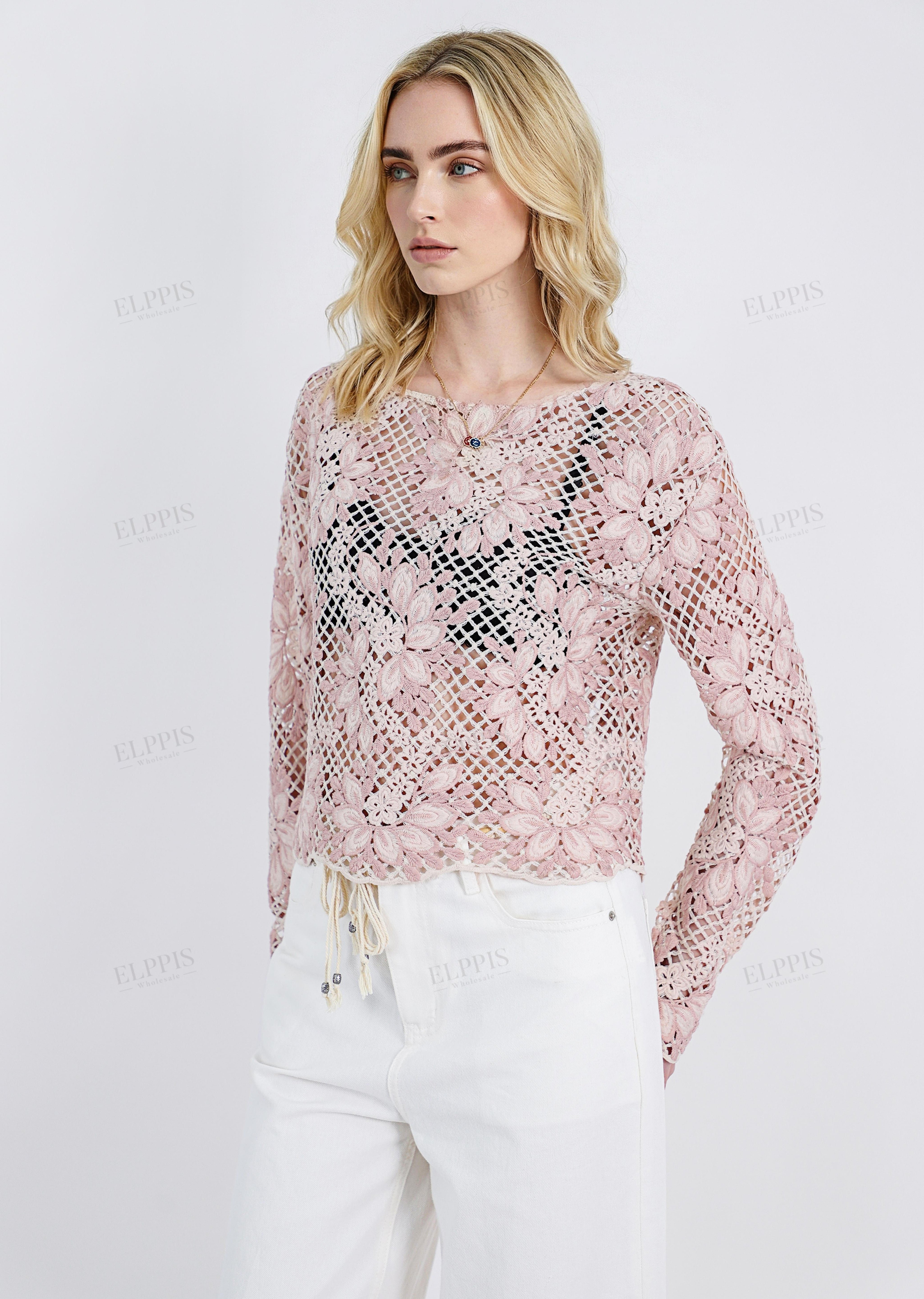 Blush & Cream Floral Lace Long-Sleeve Cropped Top