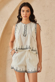 Ivory Black Embroidered Trim Linen Shorts