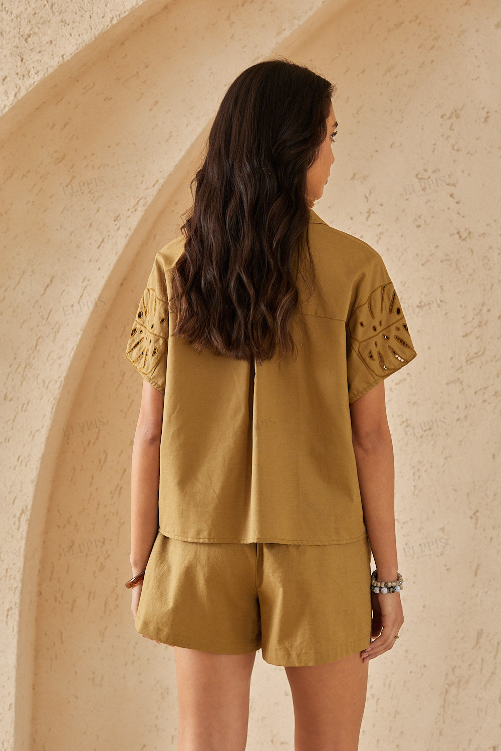 Olive Green Short-Sleeve Shirt with Leaf Cutwork Details