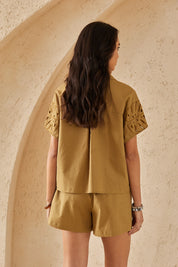 Olive Green Short-Sleeve Shirt with Leaf Cutwork Details