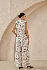 Beige Floral Sketch Print Wide-Leg Pants