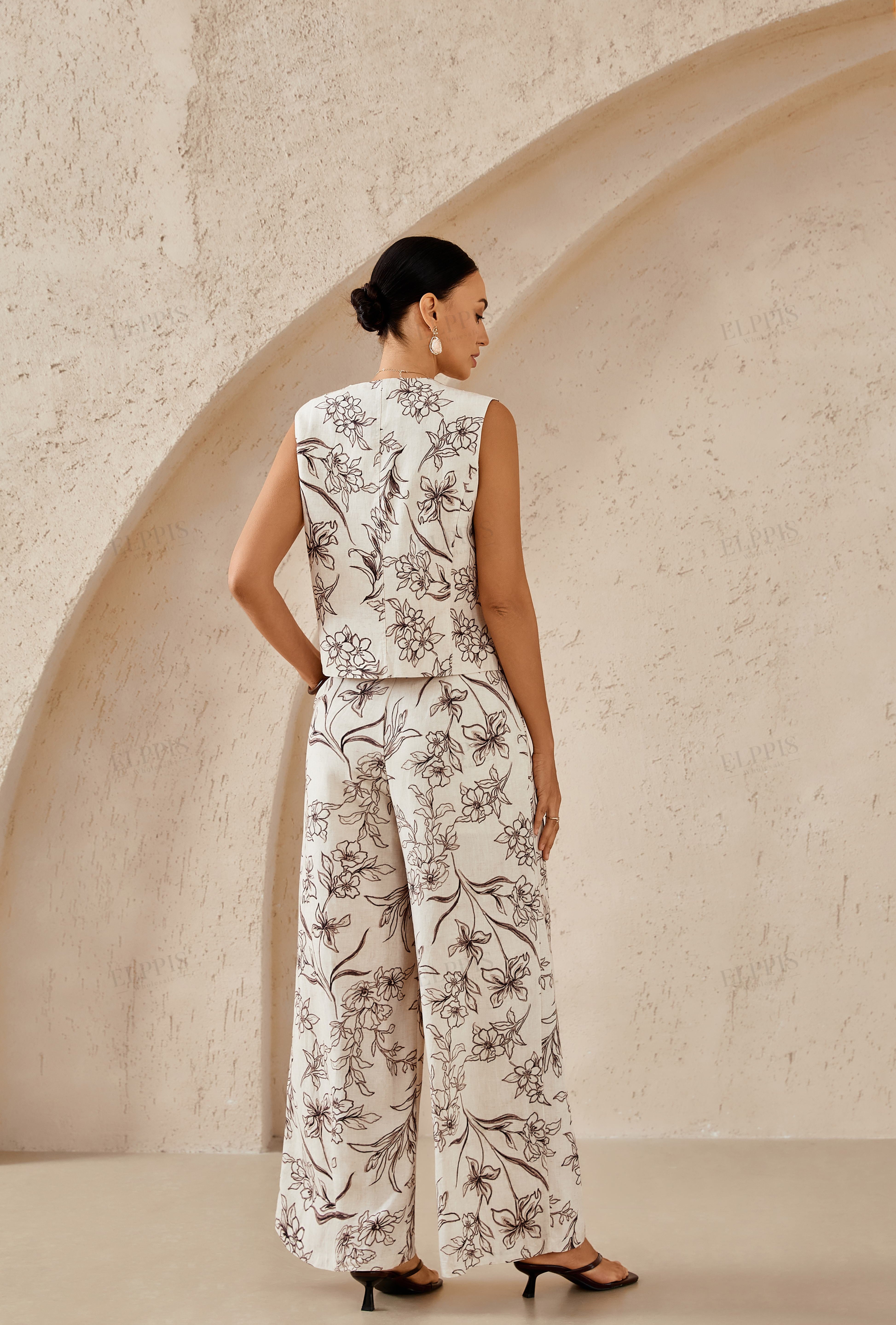 Beige Floral Sketch Print Wide-Leg Pants