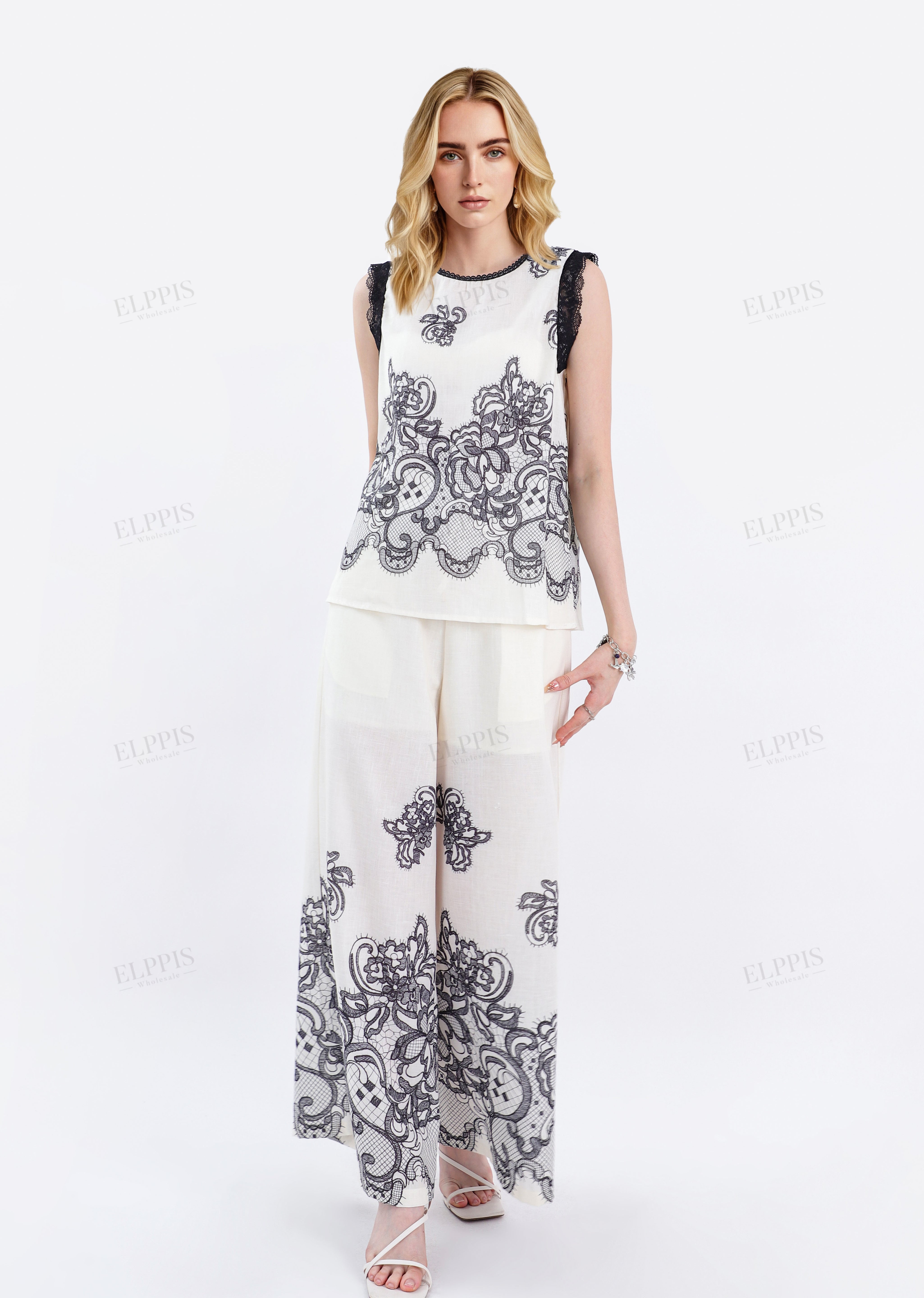 Ivory Wide-Leg Pants with Black Lace Embroidery