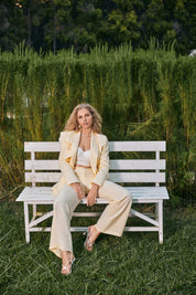 Cream Yellow Petal-Embellished Oversized Blazer & Wide-Leg Trouser Set