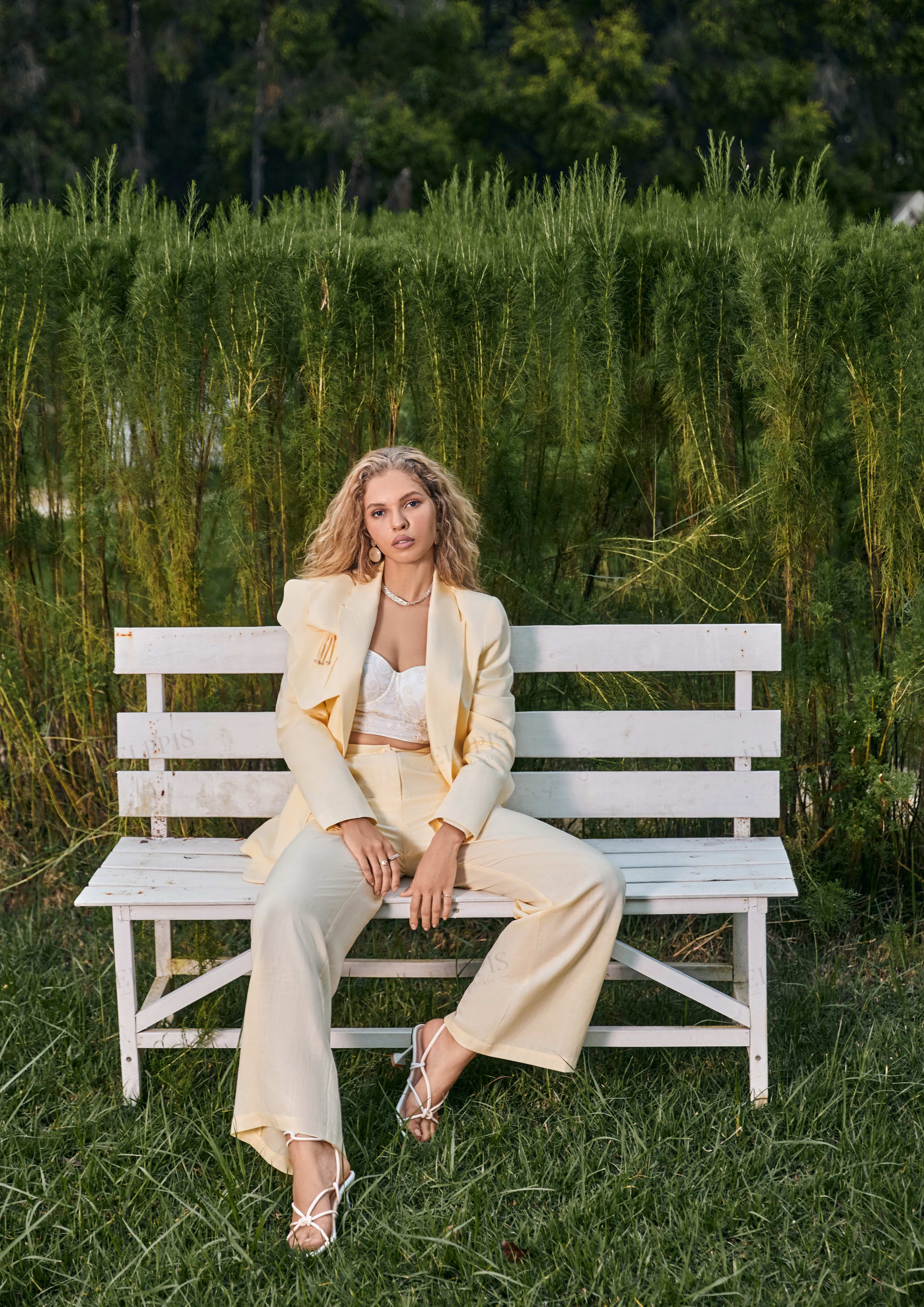 Cream Yellow Petal-Embellished Oversized Blazer & Wide-Leg Trouser Set