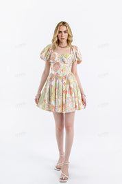 Paisley Print Rayon Puff-Sleeve Dress