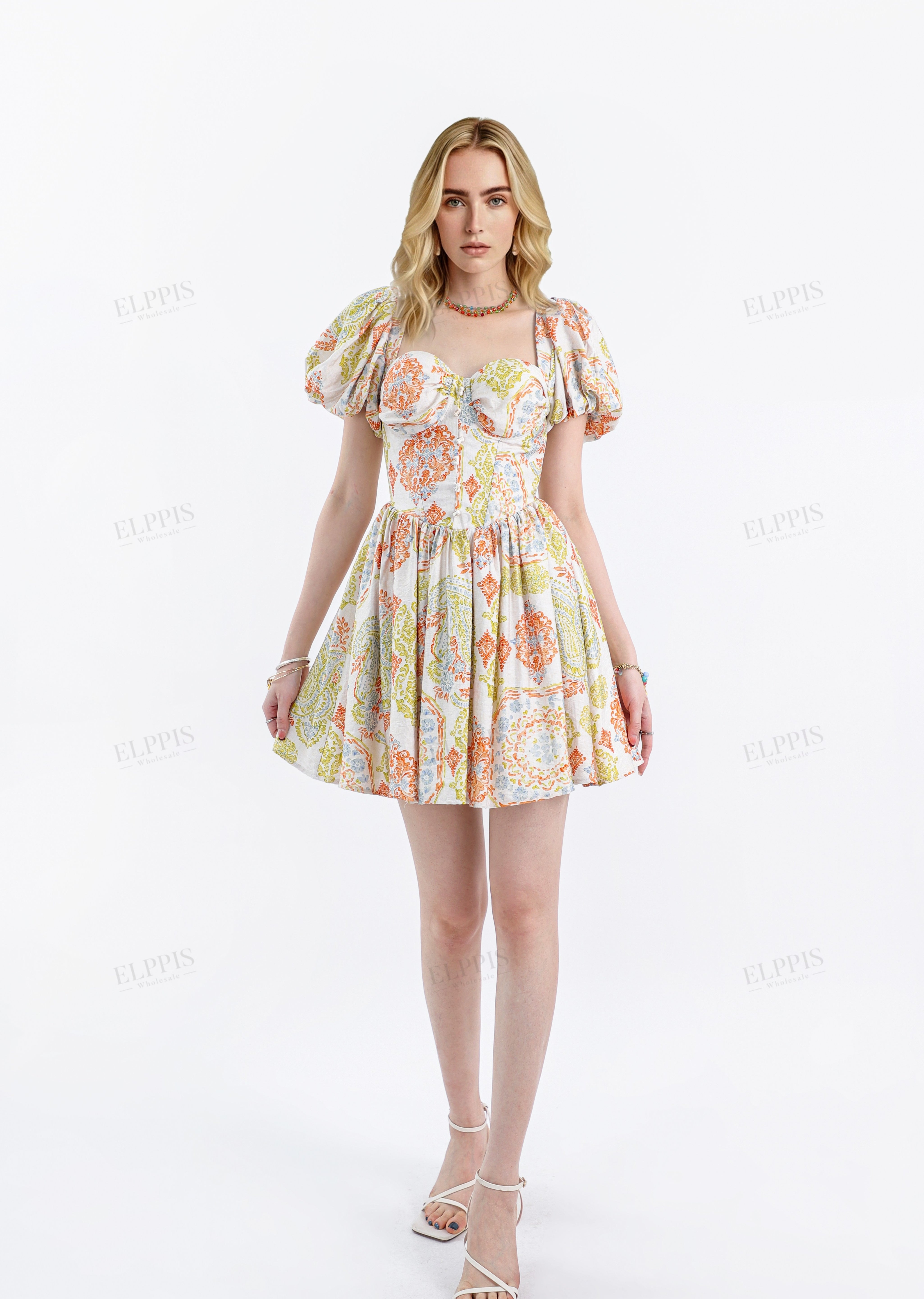 Paisley Print Rayon Puff-Sleeve Dress