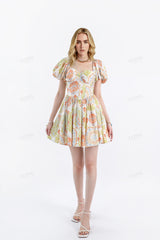 Paisley Print Rayon Puff-Sleeve Dress