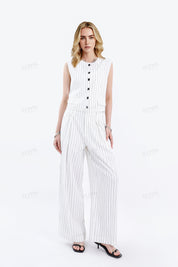 White Viscose-Linen Blend Striped Sleeveless Vest