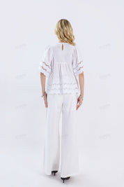 White Woven Wide-Leg Pants with Drawstring Waist