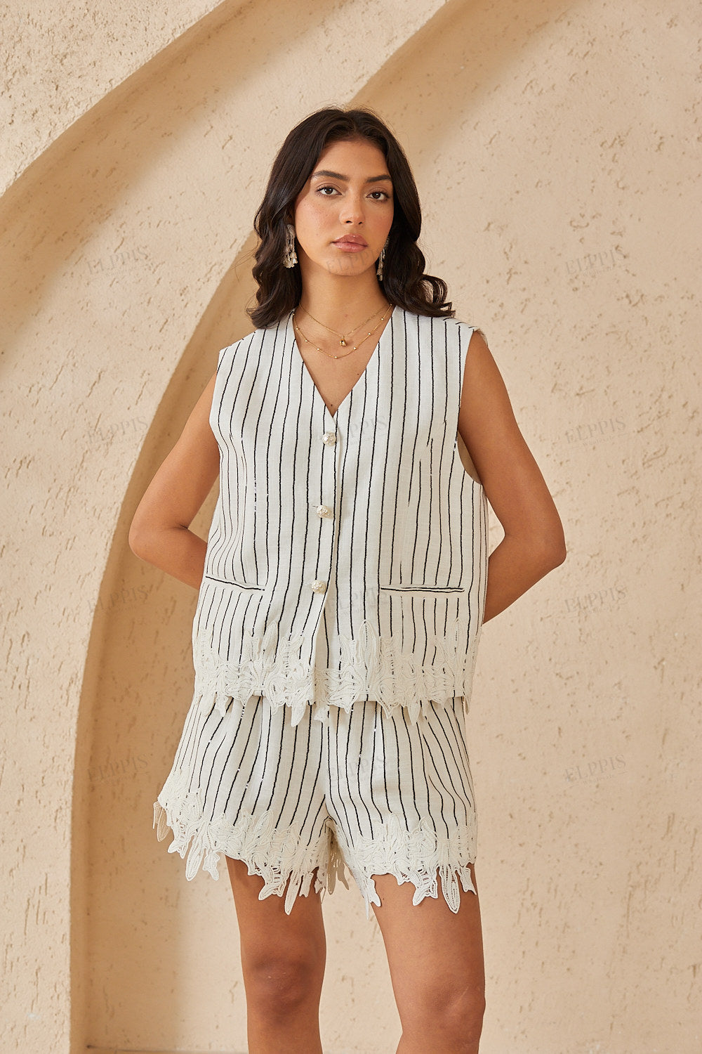 Black-Striped Sleeveless Vest with Lace Hem