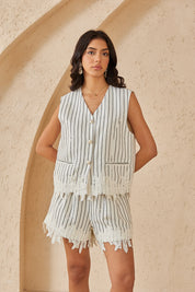 Black-Striped Sleeveless Vest with Lace Hem