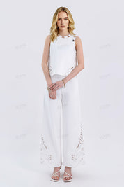 White Wide-Leg Pants with Cutout Embroidery Hem