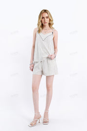 Beige Cotton-Linen Blend Stripe Spaghetti-Strap Top