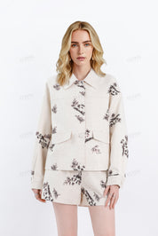 Beige Linen-Cotton Floral Embroidered High-Waisted Shorts