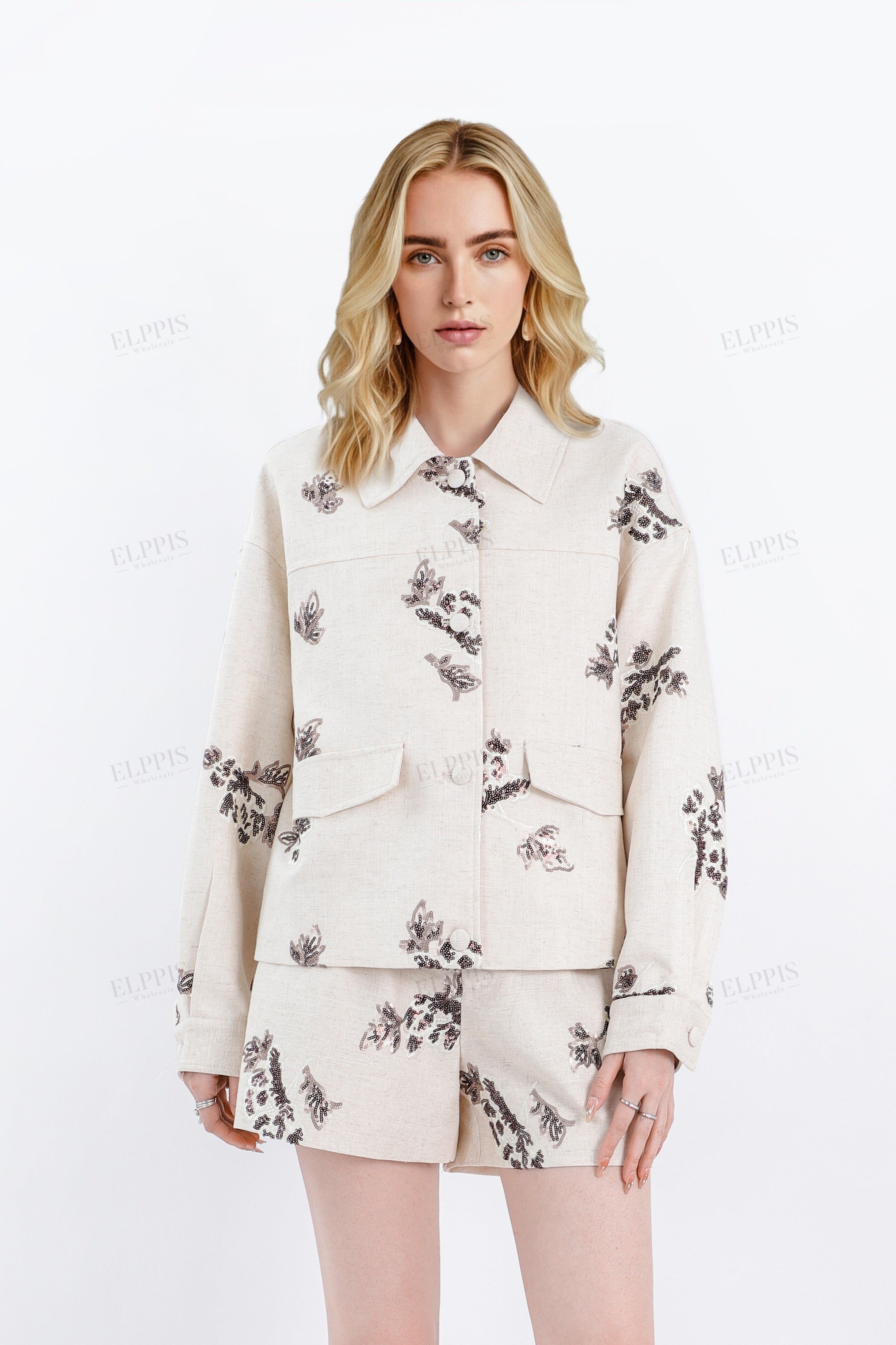 Beige Linen-Cotton Floral Embroidered High-Waisted Shorts