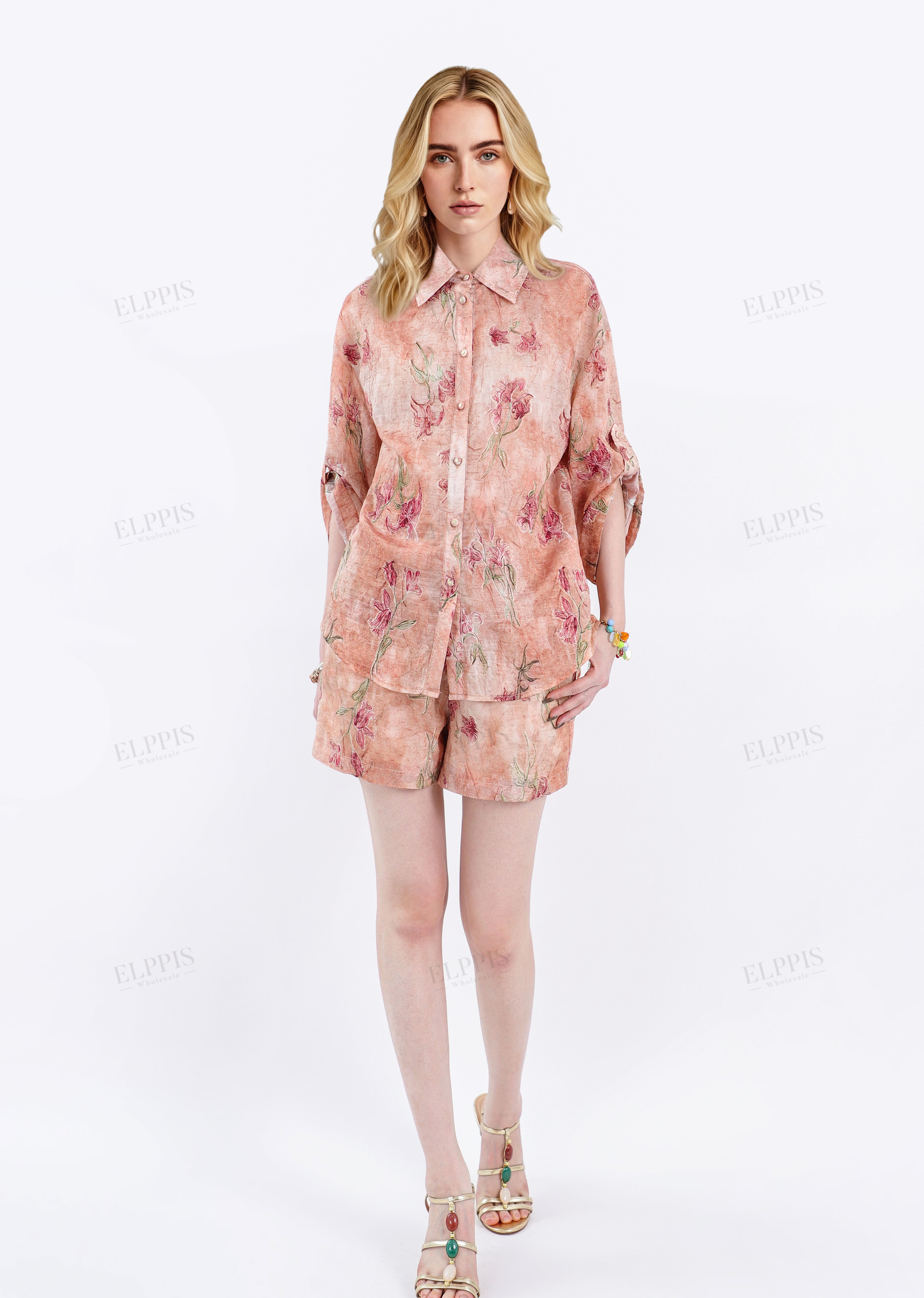 Collared Roll-Sleeve Tencel-Cotton Floral Blouse
