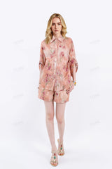 Collared Roll-Sleeve Tencel-Cotton Floral Blouse