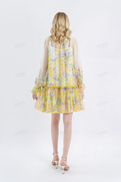 Yellow Floral Print Sheer Long-Sleeve Mini Dress with Tie Waist