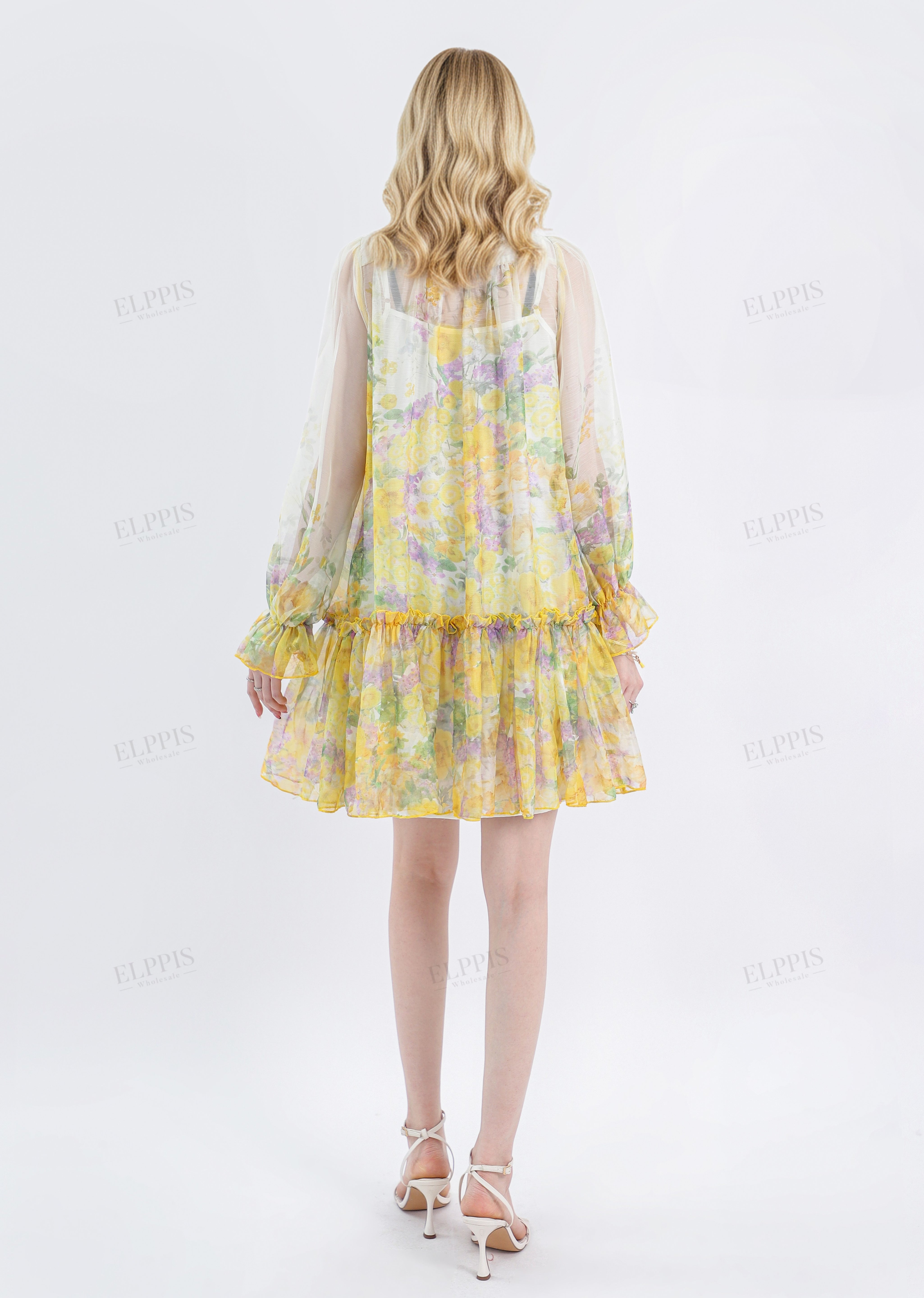 Yellow Floral Print Sheer Long-Sleeve Mini Dress with Tie Waist