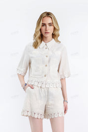 Beige Viscose-Linen Blend Embroidery Elastic Waist Shorts