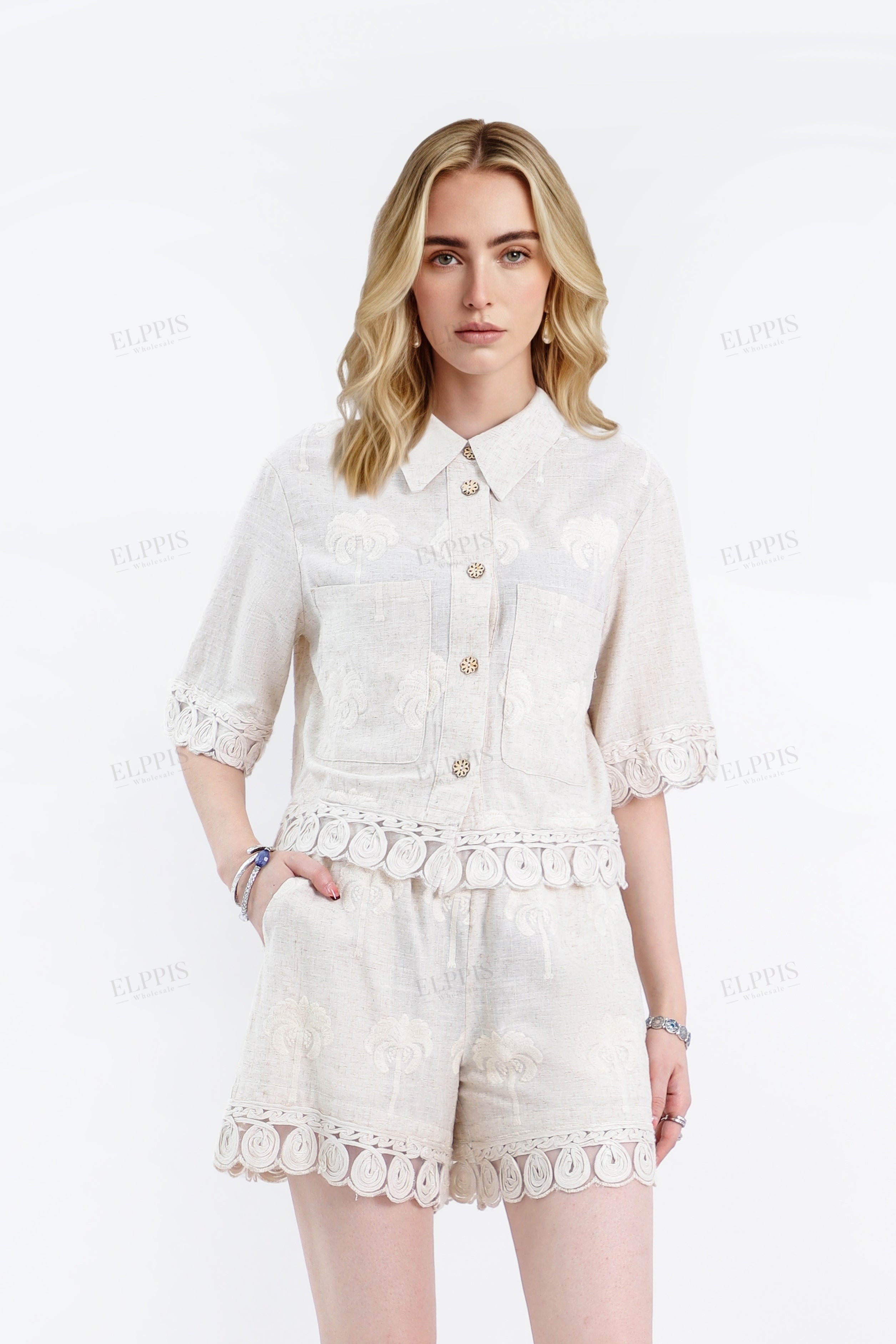 Beige Viscose-Linen Blend Embroidery Elastic Waist Shorts