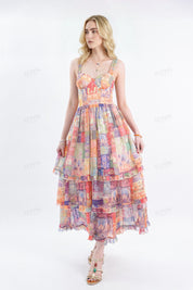 Colorful Patchwork Tiered Cami Maxi Dress