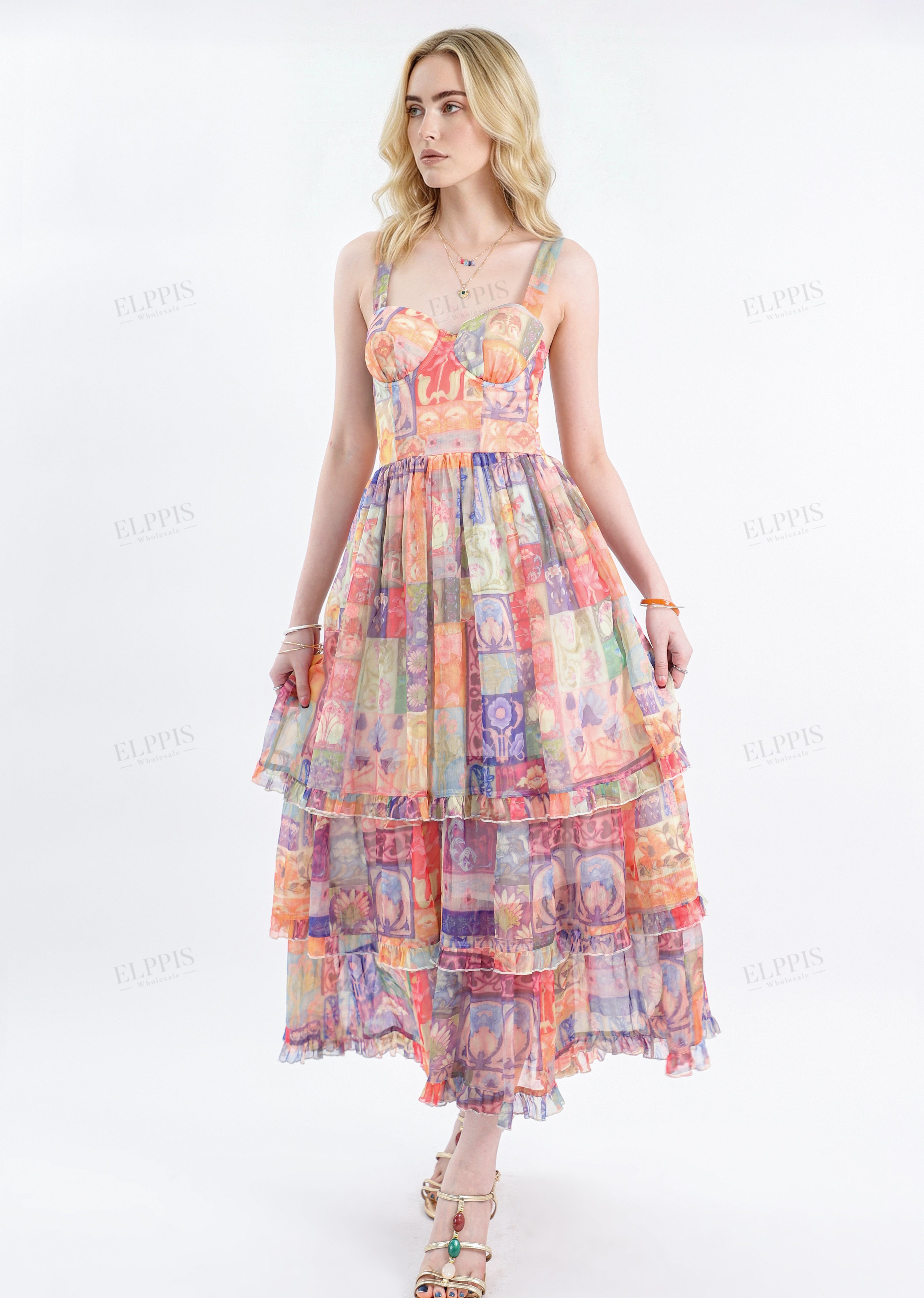 Colorful Patchwork Tiered Cami Maxi Dress