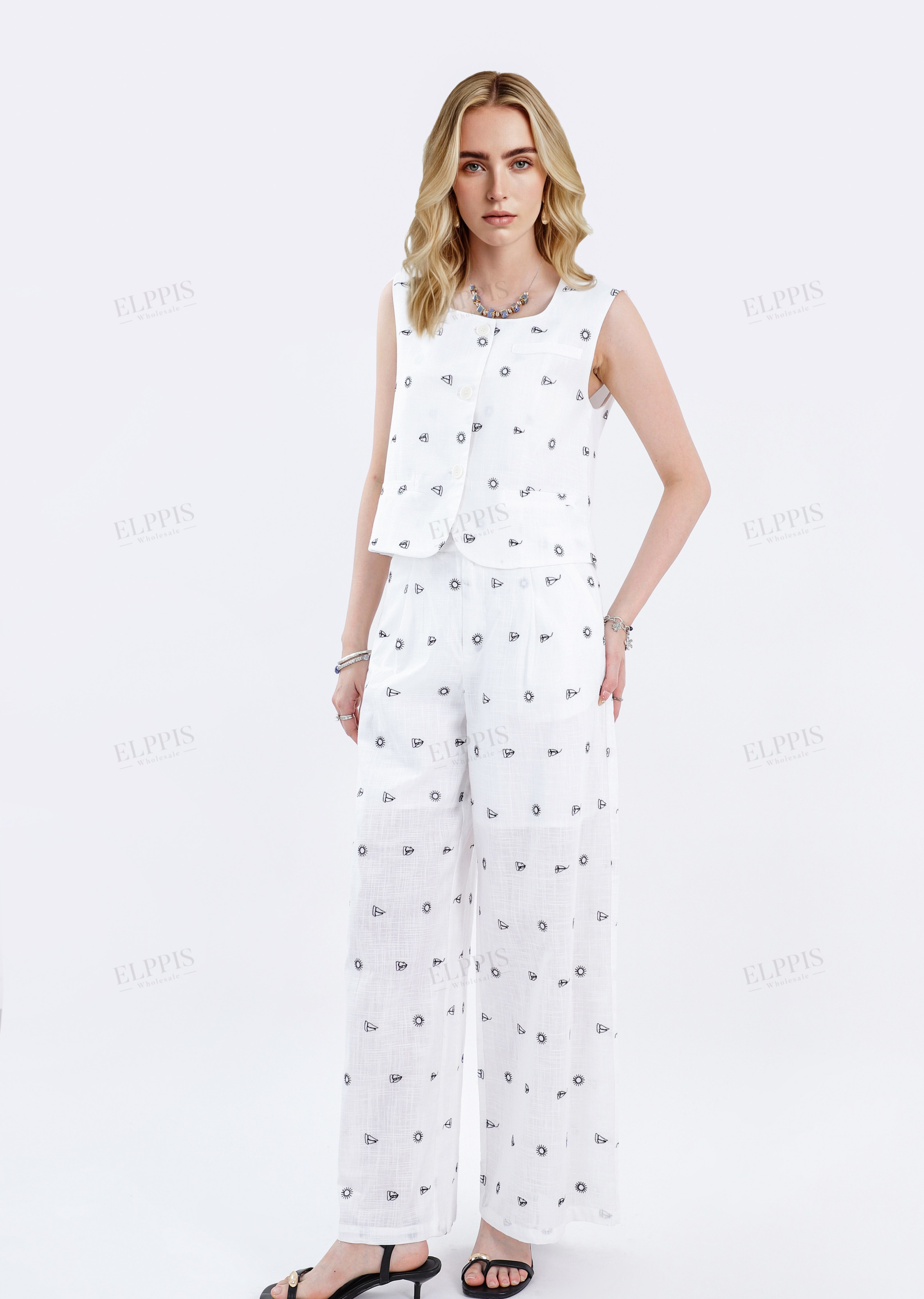 White Cotton-Linen Blend Print Wide-Leg Pants