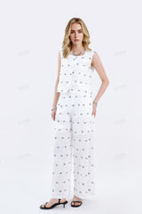 White Cotton-Linen Blend Print Wide-Leg Pants
