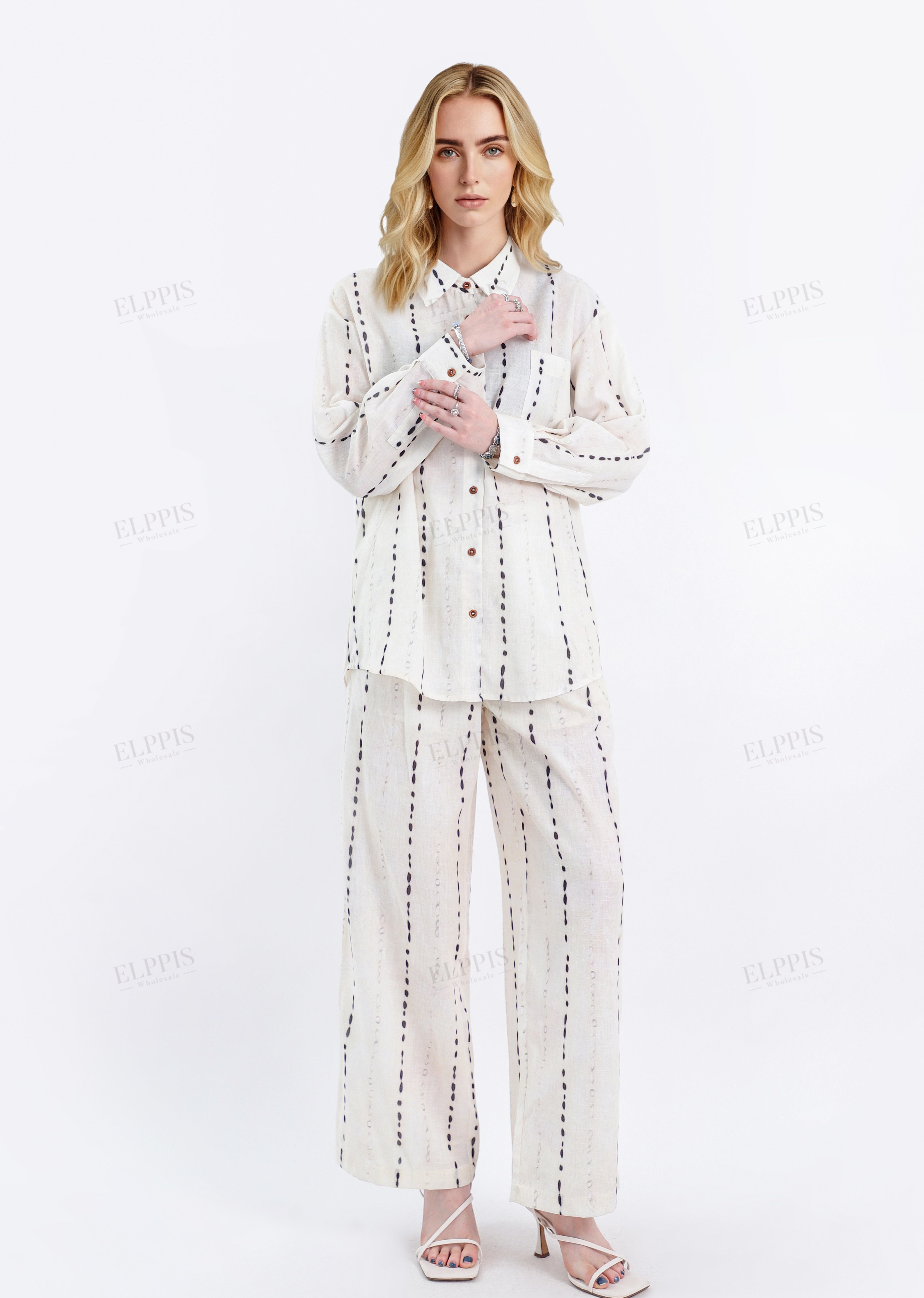 Cream Linen-Blend Wide-Leg Pants with Black Dot Stripes