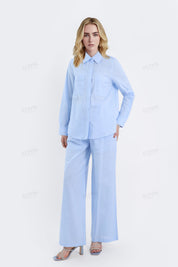 Light Blue Linen-Cotton Wide-Leg Pants