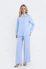 Light Blue Linen-Cotton Wide-Leg Pants