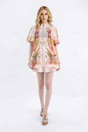 Pastel Tropical Print Shorts with Beaded Trim & Self-Tie Waist