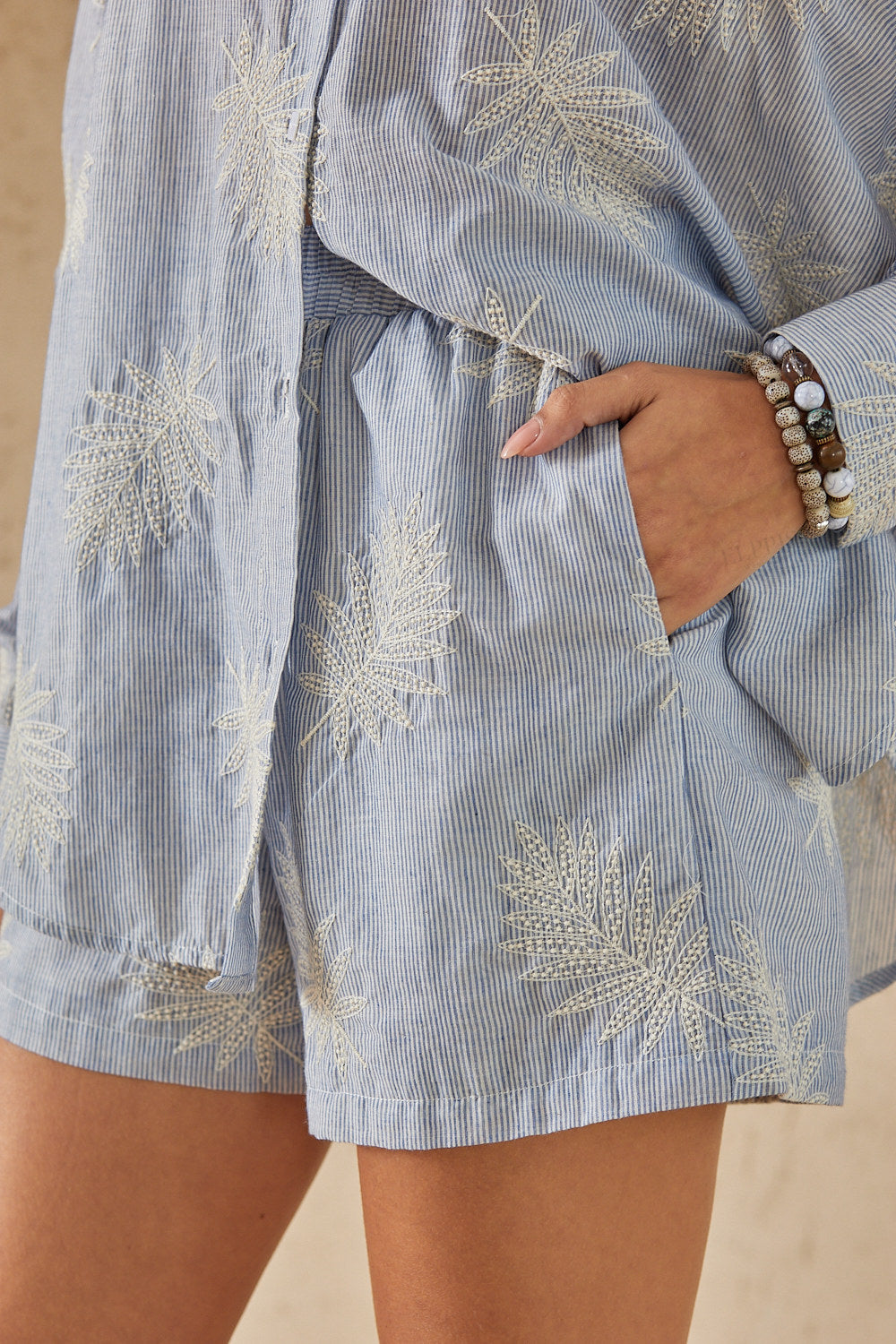 Light Blue Striped Shorts with Palm Leaf Embroidery