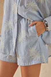 Light Blue Striped Shorts with Palm Leaf Embroidery