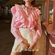 3D ruffled hem studded collar long sleeve shirt