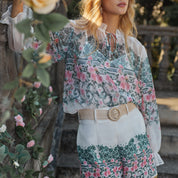 Chiffon positioned floral H-line long sleeve woven top