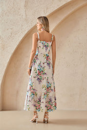 Cream Floral Print Eyelet Maxi Dress with Sweetheart Neckline