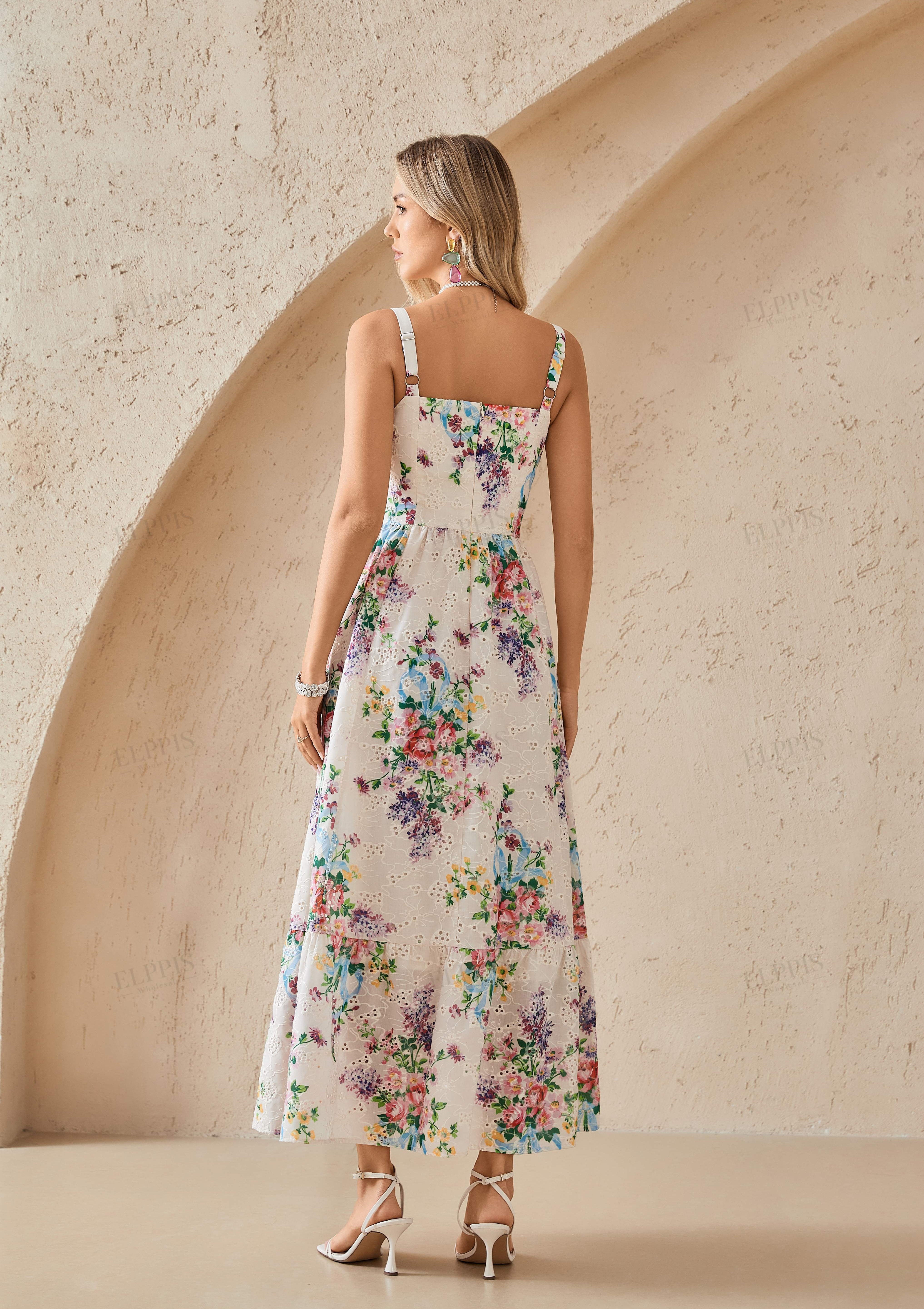 Cream Floral Print Eyelet Maxi Dress with Sweetheart Neckline