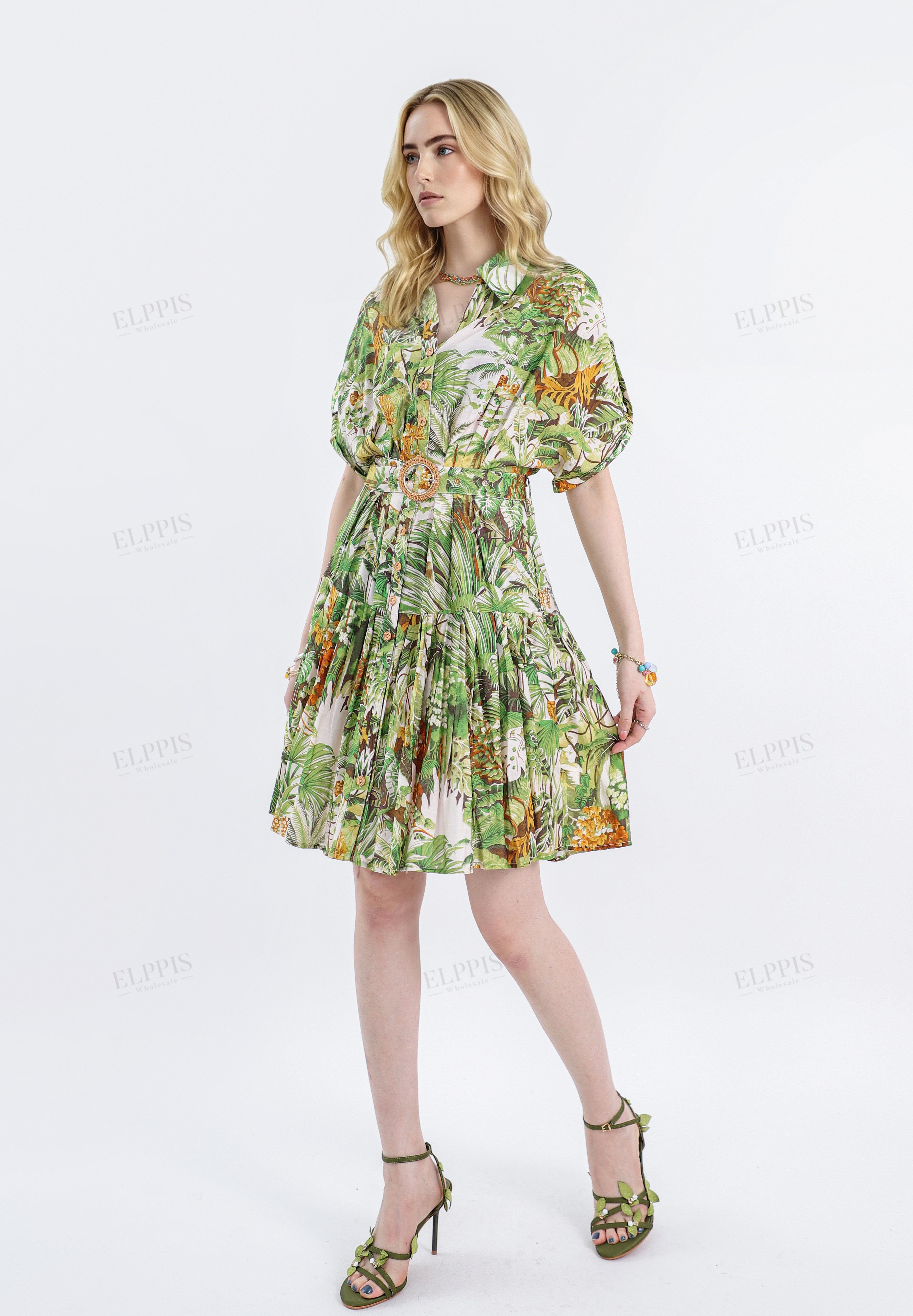 Tropical Print Rayon Shirt Dress